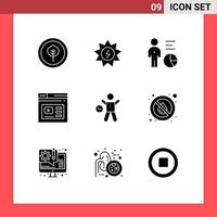 Pack of 9 Modern Solid Glyphs Signs and Symbols for Web Print Media such as exercise website data web internet Editable Vector Design Elements