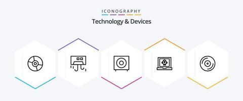 paquete de iconos de 25 líneas de dispositivos que incluye el lanzamiento. aplicación dispositivos. subwoofer electrónica vector