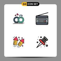 Mobile Interface Filledline Flat Color Set of 4 Pictograms of ring firework love radio wedding Editable Vector Design Elements