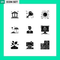 Set of 9 Vector Solid Glyphs on Grid for manager man energy vacation beach Editable Vector Design Elements