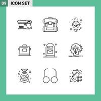 9 Thematic Vector Outlines and Editable Symbols of box rice hiking kitchen heart beat Editable Vector Design Elements