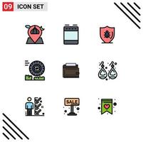 Group of 9 Modern Filledline Flat Colors Set for wallet motion oven friction protection Editable Vector Design Elements