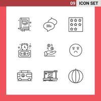 Set of 9 Vector Outlines on Grid for money hand office stopwatch deadline Editable Vector Design Elements