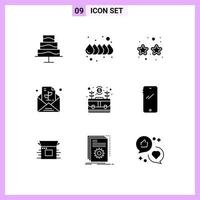 Modern Set of 9 Solid Glyphs Pictograph of money business mardi gras bag paper Editable Vector Design Elements