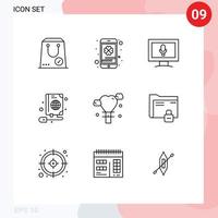 User Interface Pack of 9 Basic Outlines of love globe saint web mouse Editable Vector Design Elements