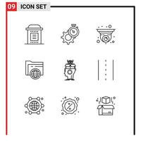 Editable Vector Line Pack of 9 Simple Outlines of globe storage setting folder security Editable Vector Design Elements