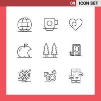 Pack of 9 Modern Outlines Signs and Symbols for Web Print Media such as nature intellect heart fruit flag Editable Vector Design Elements