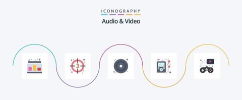 paquete de iconos de 5 planos de audio y video que incluye controlador. música. comienzo. multimedios mp. DVD vector