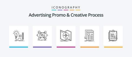 promoción publicitaria y paquete de iconos de la línea 5 de proceso creativo que incluye el objetivo. apuntar. grafico. estudio. diseño. diseño de iconos creativos vector