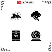 Universal Icon Symbols Group of 4 Modern Solid Glyphs of nature lock mountain research building Editable Vector Design Elements