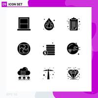 9 Thematic Vector Solid Glyphs and Editable Symbols of coins solution document planning management Editable Vector Design Elements