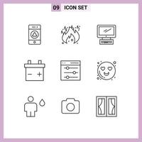 Set of 9 Modern UI Icons Symbols Signs for emot settings monitor interface battery Editable Vector Design Elements