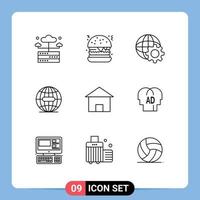 Group of 9 Outlines Signs and Symbols for house cottage villa globe building globe Editable Vector Design Elements