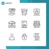 9 iconos creativos signos y símbolos modernos de bolsa de servicio de vacaciones de hotel de negocios elementos de diseño vectorial editables vector