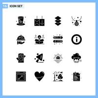 paquete de 16 signos y símbolos de glifos sólidos modernos para medios de impresión web, como capas de amor al corazón, joyas de platos, elementos de diseño de vectores editables
