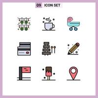 Filledline Flat Color Pack of 9 Universal Symbols of payment ecommerce trolly credit stroller Editable Vector Design Elements