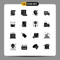 16 Thematic Vector Solid Glyphs and Editable Symbols of open box box magnifying glass release delivery van Editable Vector Design Elements