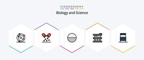 paquete de íconos de 25 líneas completas de biología que incluye . botella. píldora. laboratorio. química vector