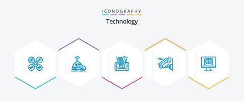 Paquete de 25 íconos azules de tecnología que incluye . libro. célula. computadora. imagen vector