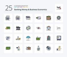 Banking Money And Business Economics 25 Line Filled icon pack including money. cash. debit. payments. marketing vector