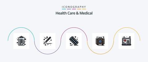 la atención médica y la línea médica llenaron el paquete de íconos planos 5, incluido el médico. caja. médico. equipo. emergencia vector