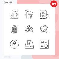 Outline Pack of 9 Universal Symbols of gavel feature task watch device Editable Vector Design Elements