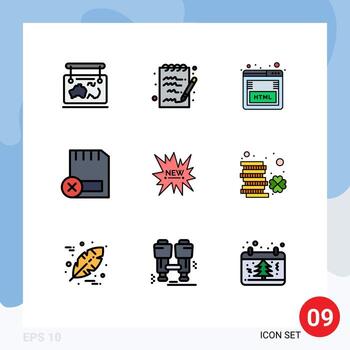 paquete de color plano de línea de relleno de 9 símbolos universales de dispositivos de codificación de hardware de comercio electrónico elementos de diseño vectorial editables de tarjeta vector