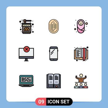 Set of 9 Vector Filledline Flat Colors on Grid for gadget computers scan protection child Editable Vector Design Elements