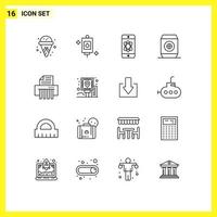 User Interface Pack of 16 Basic Outlines of city paper science device food Editable Vector Design Elements