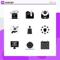 Group of 9 Modern Solid Glyphs Set for route navigation mail cash income Editable Vector Design Elements