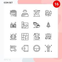 16 User Interface Outline Pack of modern Signs and Symbols of lense camera scoop fire love Editable Vector Design Elements