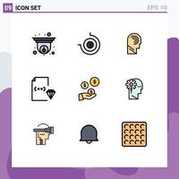 Set of 9 Commercial Filledline Flat Colors pack for fintech industry document human development coding Editable Vector Design Elements