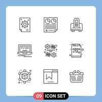 Mobile Interface Outline Set of 9 Pictograms of day web paper laptop cell Editable Vector Design Elements