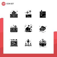 Mobile Interface Solid Glyph Set of 9 Pictograms of chicken player product media player money Editable Vector Design Elements