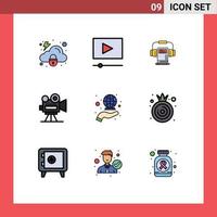 Mobile Interface Filledline Flat Color Set of 9 Pictograms of international coverage audio video film camera Editable Vector Design Elements