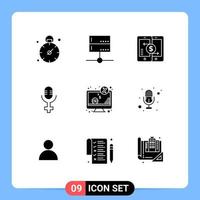 Pack of 9 creative Solid Glyphs of money computer mobile record smartphone Editable Vector Design Elements