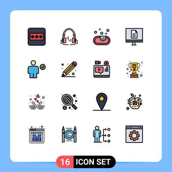 grupo de 16 líneas rellenas de color plano, signos y símbolos para verificar elementos de diseño de vectores creativos editables de internet de escuela limpia de avatar
