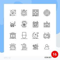 16 User Interface Outline Pack of modern Signs and Symbols of airport internet data globe grid Editable Vector Design Elements