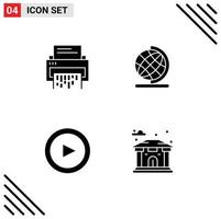 Group of 4 Modern Solid Glyphs Set for confidential globe document shredder play Editable Vector Design Elements