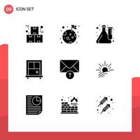 Modern Set of 9 Solid Glyphs Pictograph of receive mail planet window lab Editable Vector Design Elements