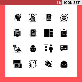 Set of 16 Vector Solid Glyphs on Grid for monitor dashboard celebrate seo premium Editable Vector Design Elements