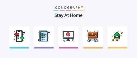 Stay At Home Line Filled 5 Icon Pack Including rolling. kitchen. mobile. online library. laptop. Creative Icons Design vector