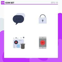 Pack of 4 Modern Flat Icons Signs and Symbols for Web Print Media such as chat video bubble locked application Editable Vector Design Elements