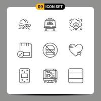 Group of 9 Outlines Signs and Symbols for burgers devices account connected card Editable Vector Design Elements