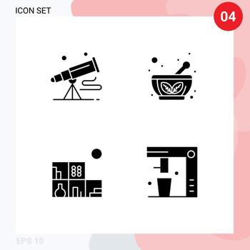 Modern Set of 4 Solid Glyphs and symbols such as binoculars home astronomy herbal bookshelf Editable Vector Design Elements