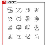 Modern Set of 16 Outlines and symbols such as time clock map tablet medical Editable Vector Design Elements