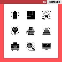 Set of 9 Vector Solid Glyphs on Grid for light creative transportation bulb shop Editable Vector Design Elements