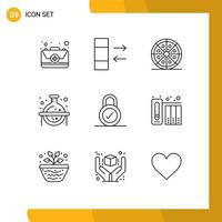 Editable Vector Line Pack of 9 Simple Outlines of padlock study food science chemical Editable Vector Design Elements