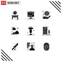 User Interface Pack of 9 Basic Solid Glyphs of sun rise mountain presentation countryside world Editable Vector Design Elements