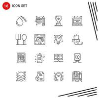 conjunto de pictogramas de 16 contornos simples de elementos de diseño de vector editables de gadget de perfil de taza de bebé de cuchara